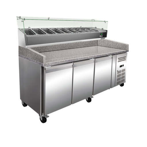Heno Gastro Pizzakjølebenk m/ 3 dører & garnityrrenne 9 stk. 1/3 GN