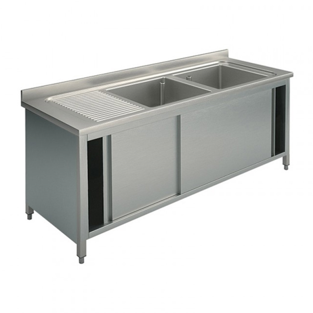 Rustfri benk m/ 2stk kummer & skap 200×70
