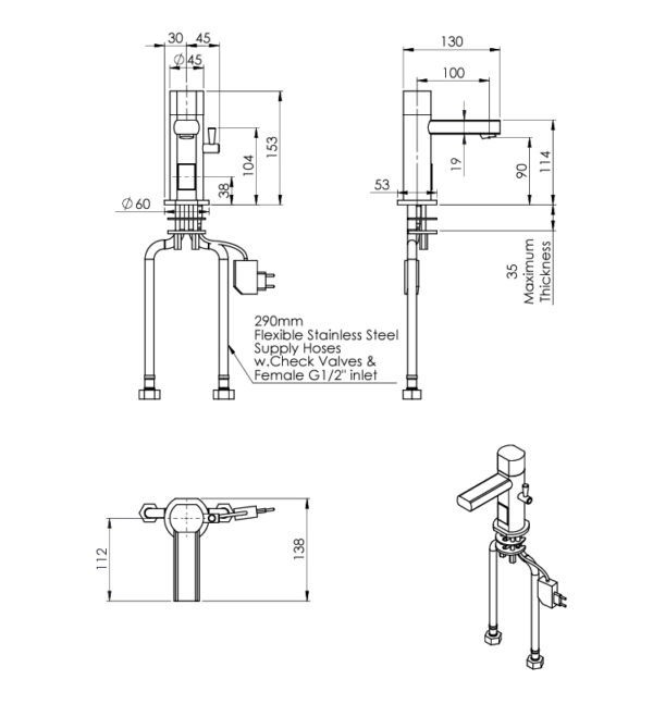 Klarco blandebatteri med sensor 130mm, tutlengde 100mm tegning 1