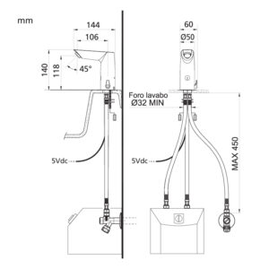 Blandebatteri med sensor 144mm tegning