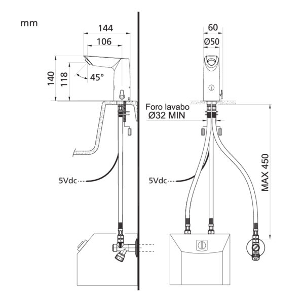 Blandebatteri med sensor 144mm tegning