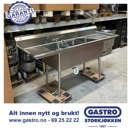 Rustfri benk med 3 oppvaskummer